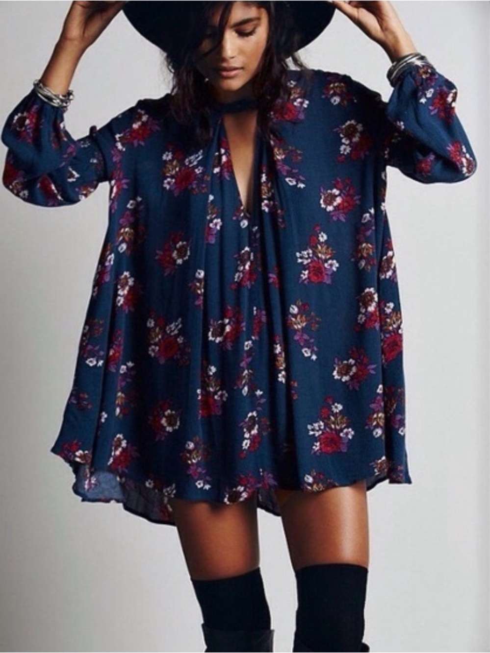 Free People Anouk Boho Floral swing dress, Navy Women’s Tunic Top, sz S, guc
